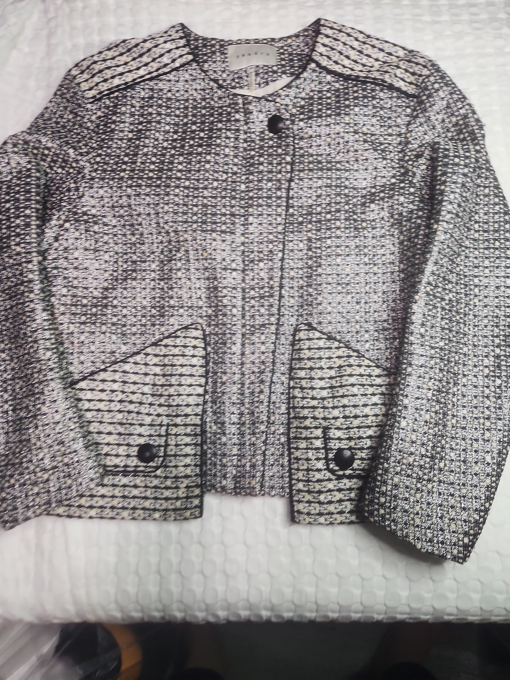 Sandro Black and White Tweed Collarless Blazer